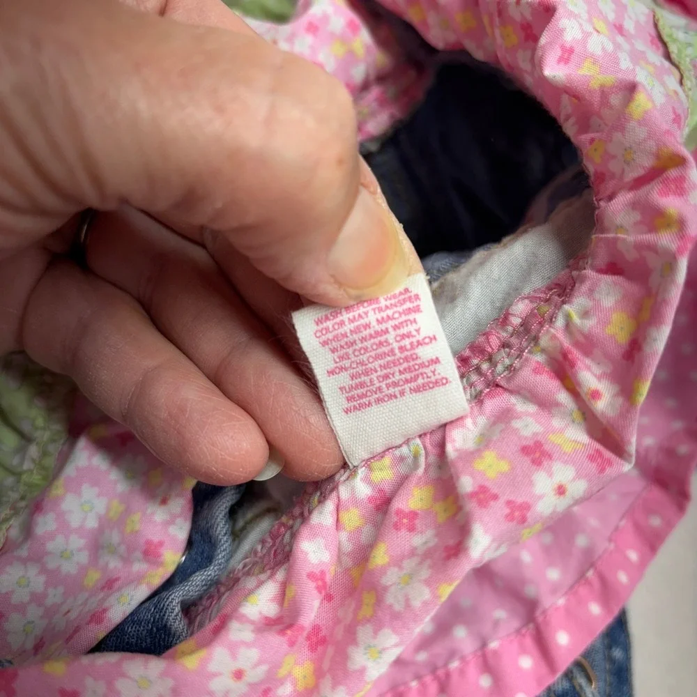 OshKosh B'gosh Baby Girls Denim Overalls Dress‎ Tiered Floral Ruffle Pink Green